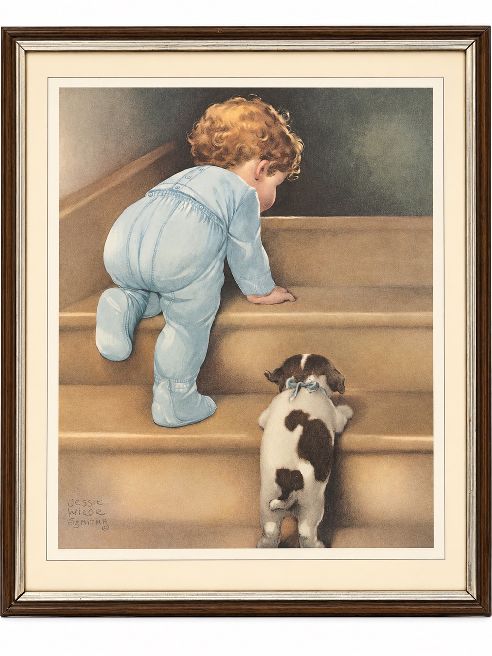 Framed Nursery Art Print — Blue-Clad Toddler and Puppy
